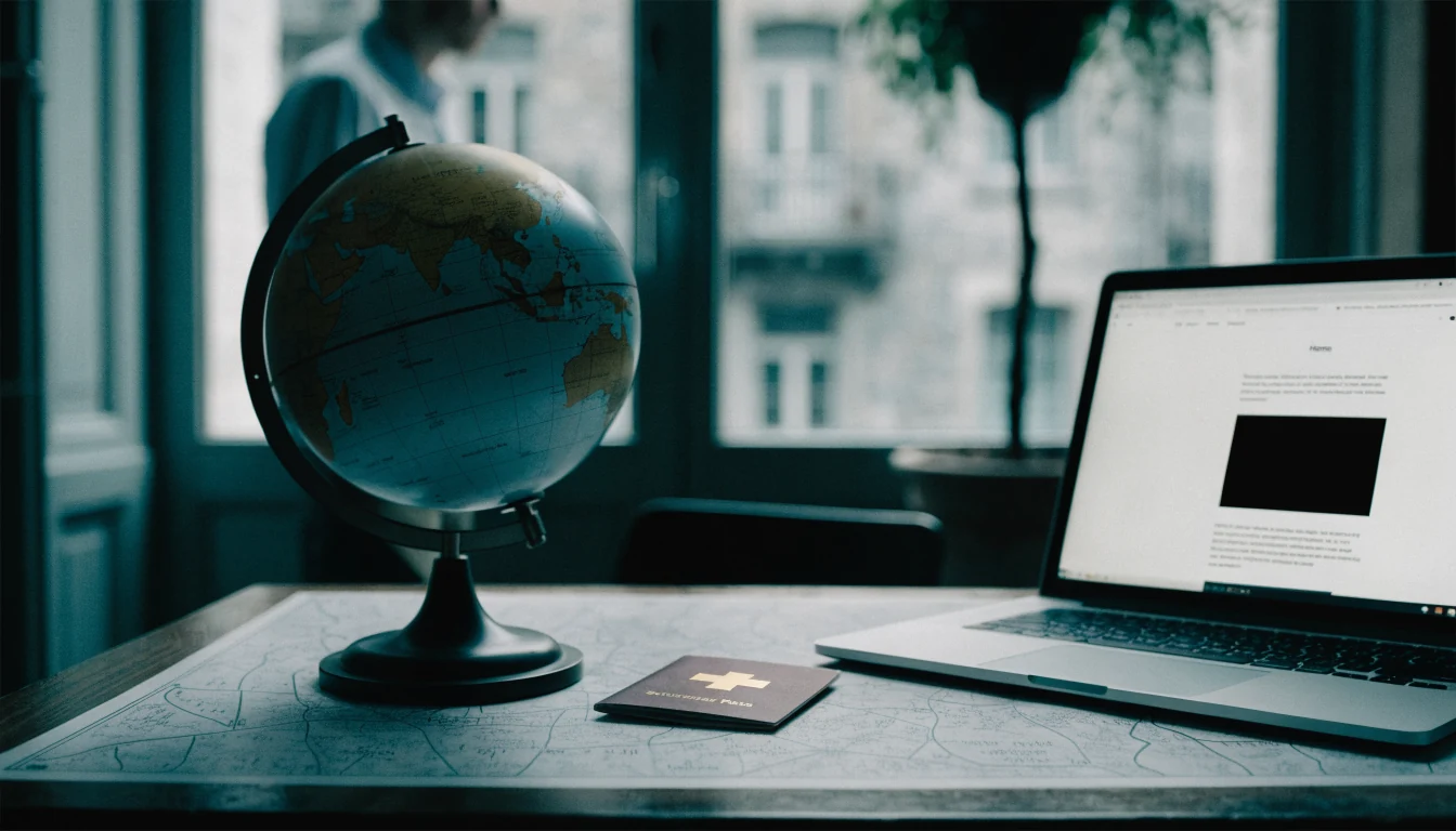 Globus, Schweizer Reisepass und Laptop‑Startseite ohne Länderkennzeichen